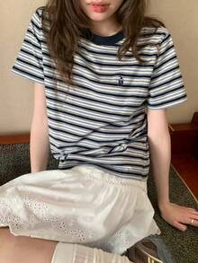 Kaos Wanita Kasual Bergaris Bordir Leher Bulat Lengan Pendek Musim Panas - Navy Blue - View 2