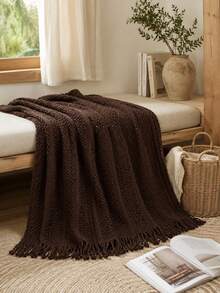 1pc Solid Color Knitted Blanket, Nordic Style Tassel Decor Soft And Lightweight Throw, Multi-Functional Comfortable Blanket, Suitable For Sofa Bed, Office Nap Blanket, Home Bedroom Decor, Daily Indoor Use - Brown - View 2
