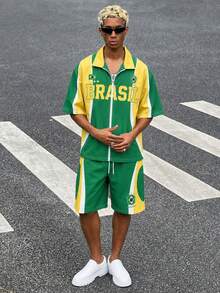 Conjunto de 2 piezas de camisa de manga corta con cremallera y pantalones cortos con cordón para hombre, estilo deportivo de bloques de color, adecuado para ropa de calle, casual, deportes, vacaciones, regreso a la escuela - Amarillo - Ver 2