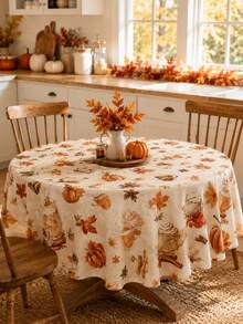 1pc Pumpkin Spice Coffee Round Tablecloth, Cream Polyester Dining Table Cover With Latte Cup, Cinnamon Stick, Pumpkin And Maple Leaf Print, Decorative Table Linen For Kitchen, Dining Room, Fall Gathering, Thanksgiving And Home Decor - Multicolor - View 13