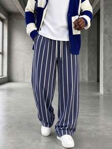 GRDR Men's Summer Striped Loose Drapey Casual Drawstring Elastic Waist Wide Leg Long Pants - Navy Blue - View 3