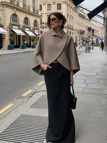 Women's Houndstooth Print Lapel Batwing Sleeve Cape Coat, Elegant Asymmetrical Hem Loose Silhouette Short Jacket, Casual Daily Outerwear Fall - Brown - View 5