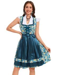 YESFASHIONWomen's 3 Pieces German Beer Festival Outfit Floral Print Dirndl Costume Flutter Sleeve  Blouse Ruffle Trim Front Lace Up Corset Dress - Peacock Blue - View 2