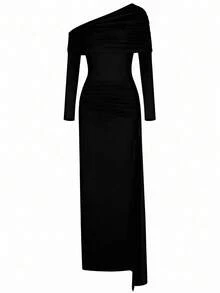 Gaun Elegan Warna Polos dengan Detail Kerutan dan Leher Asimetris, Pas Badan, Cocok untuk Pesta, Pernikahan, dan Acara Malam Formal - Hitam - View 7