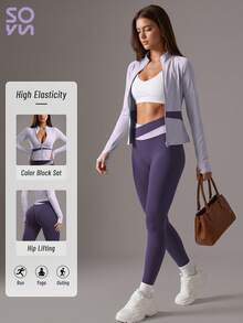 Soyun High Elasticity Zipper Thumb Hole Outdoor Yoga Fitness Quick Drying Set, Suitable For Daily Leisure, Rural Life, And American Street Style - Purple - View 9