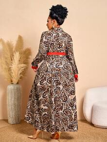 BIUBIU Stylish Plus Size Leopard Print Long Sleeve Maxi Shirtdress For Women, Button-Front With Red Belt Detail, Perfect For Fall - Coffee Brown - View 2