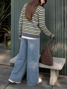 New Autumn/Winter Women's Casual Minimalist Striped Design Round Neck Cardigan Knit Sweater Jacket - Grey - View 4