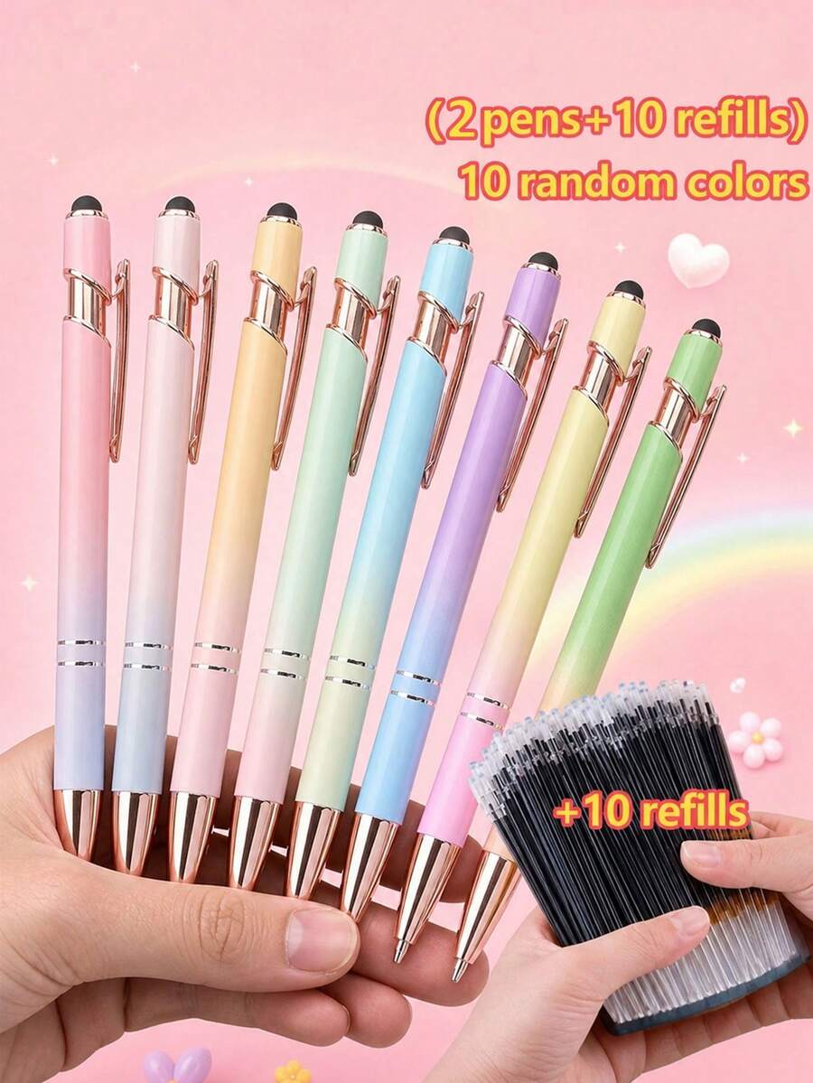 12pcs/Set 2-In-1 Retractable Ballpoint Pen Set[2pcs Random Color Pens + 10pcs Refills], With Touch Stylus Tip, Metal Touch Pen, 1.0mm Black Ink, Suitable For Office And School Supplies Writing Pen - A - View 1