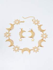 Juego de 3 piezas de collar y pendientes con colgante exagerado vintage elegante de estrella & luna, joyería de moda para mujeres, adecuado para Ramadán, fiestas, banquetes y uso diario - Amarillo Oro - Ver 5