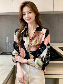 YUXIN 女款復古秋季花卉印花前扣長袖襯衫，標準版型聚酯纖維上衣，適合春季穿著度假 - 彩色 - 查看 2