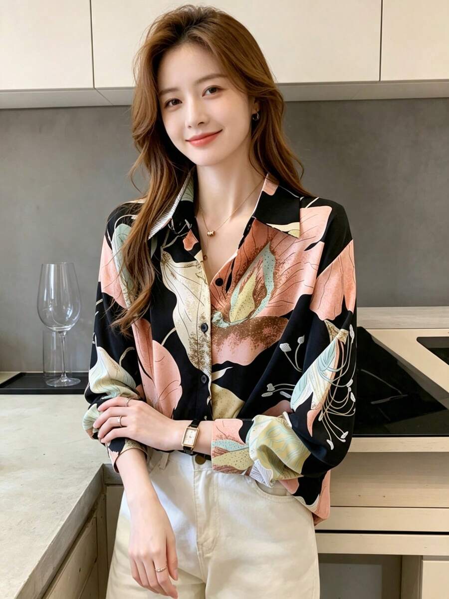 YUXIN 女款復古秋季花卉印花前扣長袖襯衫，標準版型聚酯纖維上衣，適合春季穿著度假