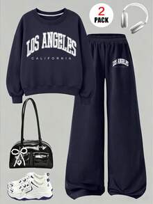 2pcs Girls Casual Set, Includes "LOS ANGELES" Crew Neck Sweatshirt + Casual Long Pants, Soft And Comfortable, Suitable For Autumn/Winter Wear - Navy Blue - View 2