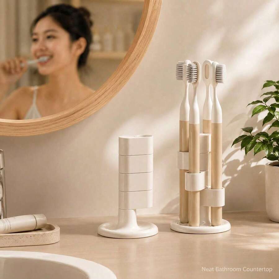 1pc Rotating Toothbrush Holder, Multi-Function Divided Storage Organizer, Non-Slip Electric Toothbrush Storage Bin, Suitable For Bathroom Sink Countertop, Office Desk Pen Holder - White - View 1