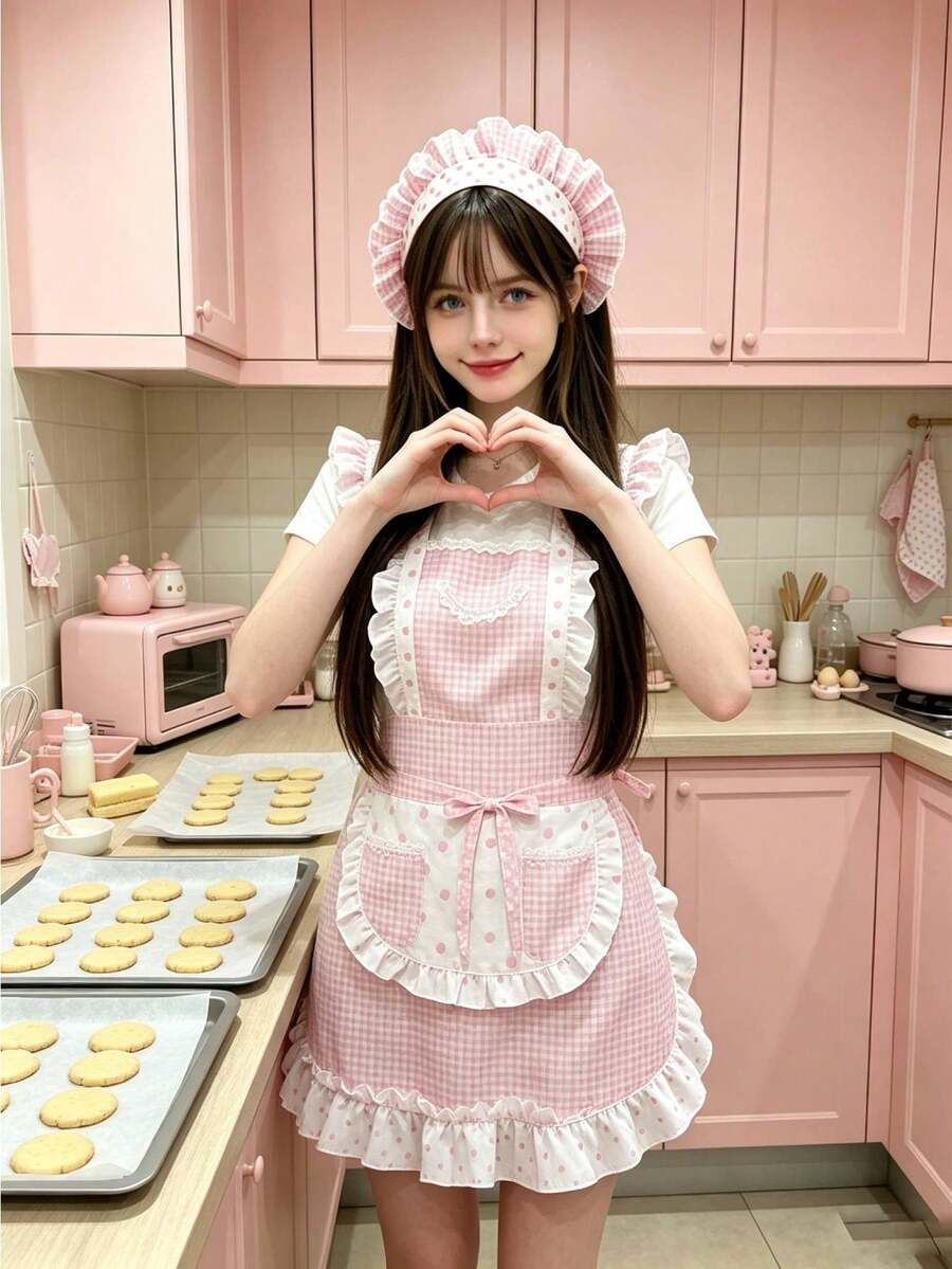 1 Set Pink Plaid Polka Dot Ruffle Cute Princess Apron Set, Includes Matching Hair Cap, Sweet Pleated Kitchen Cooking Apron, Women's Photo Outfit Set - Multicolor - View 1