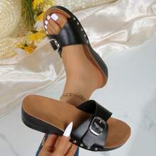 Women's Fashion Solid Color Beach Buckle Wedge Thick Sole Outdoor Summer Sandals - Black - View 11