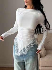 Women's Solid Color Round Neck Pleated Contrast Lace Asymmetrical Hem Top White - White - View 3