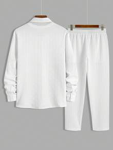 Mercer Haus Men's Minimalist Premium Embossed Texture Long Sleeve Shirt & Loose Casual Lapel Collar Straight Leg Pants 2 Pieces Set - White - View 5