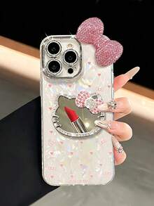 1 buah Casing Ponsel Hello Kitty Cermin Hati Pita Berlian Imitasi 3D - Tekstur Cangkang Hello Kitty Hati, Casing Ponsel Hello Kitty Sanrio Kreatif Modis untuk Anak Perempuan, Bahan Tahan Air, Anti Jatuh, dan Tahan Guncangan, Hati yang Berubah Warna dengan Laser, Kepala Hello Kitty Berlian Imitasi 3D, Pita Berlian Imitasi, Anime, Mewah, Berkilau, Hello Kitty Modis yang Lucu, Kompatibel dengan Apple Seri 17, 11/12/12 Pro, 13/14/15, 13 Pro/14 Pro/15 Pro, Anti Jatuh 12 Pro Max/13 Pro Max/14 Pro Max/15 Pro Max, 16, 16 Pro, 16 - Berwarna merah muda - View 3