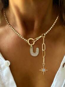 1pc Gold Round Lobster Double Clasp Letter Necklace, Stainless Steel Chain, Unique Diamond Initial Octagonal Star Pendant Women's Necklace - Yellow Gold - View 16
