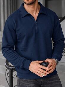 Striville Solid Color Polo Collar Half-Zip Sweatshirt Men's Retro Relaxed Casual Daily Commute Top - Navy Blue - View 1