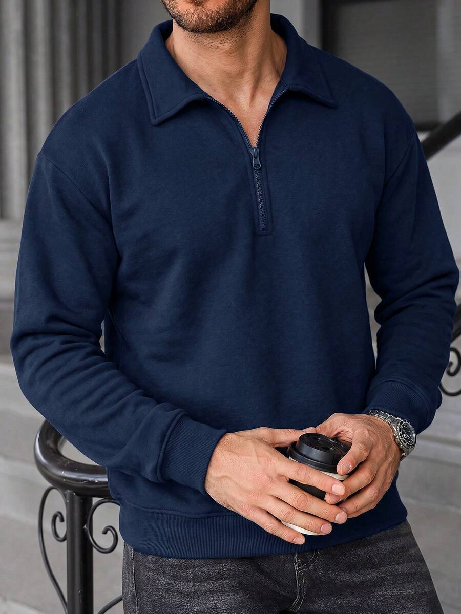Striville Solid Color Polo Collar Half-Zip Sweatshirt Men's Retro Relaxed Casual Daily Commute Top - Navy Blue - View 1