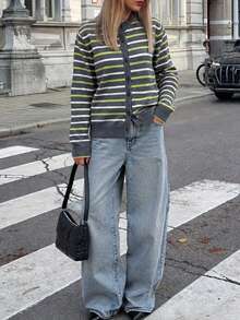 New Autumn/Winter Women's Casual Minimalist Striped Design Round Neck Cardigan Knit Sweater Jacket - Grey - View 3
