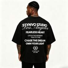 American Street Style Printed T-Shirt For Men, Loose Fit Crew Neck  Short Sleeve Top - 黑色 - 查看 1