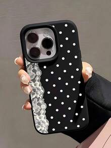 1pc Lace Polka Dot Pattern Shockproof Black Liquid Straight Edge TPU Phone Case, Suitable For IPhone 16 Pro Max/16/16 Pro/16 Plus/15/15 Pro Max/15 Pro/11/12/13/14 Pro Max/11 Pro/11 Pro Max/12 Pro/12 Pro Max/13 Pro/13 Pro Max/14 Pro/14 Pro Max, Soft Case, Elegant - Black - View 3