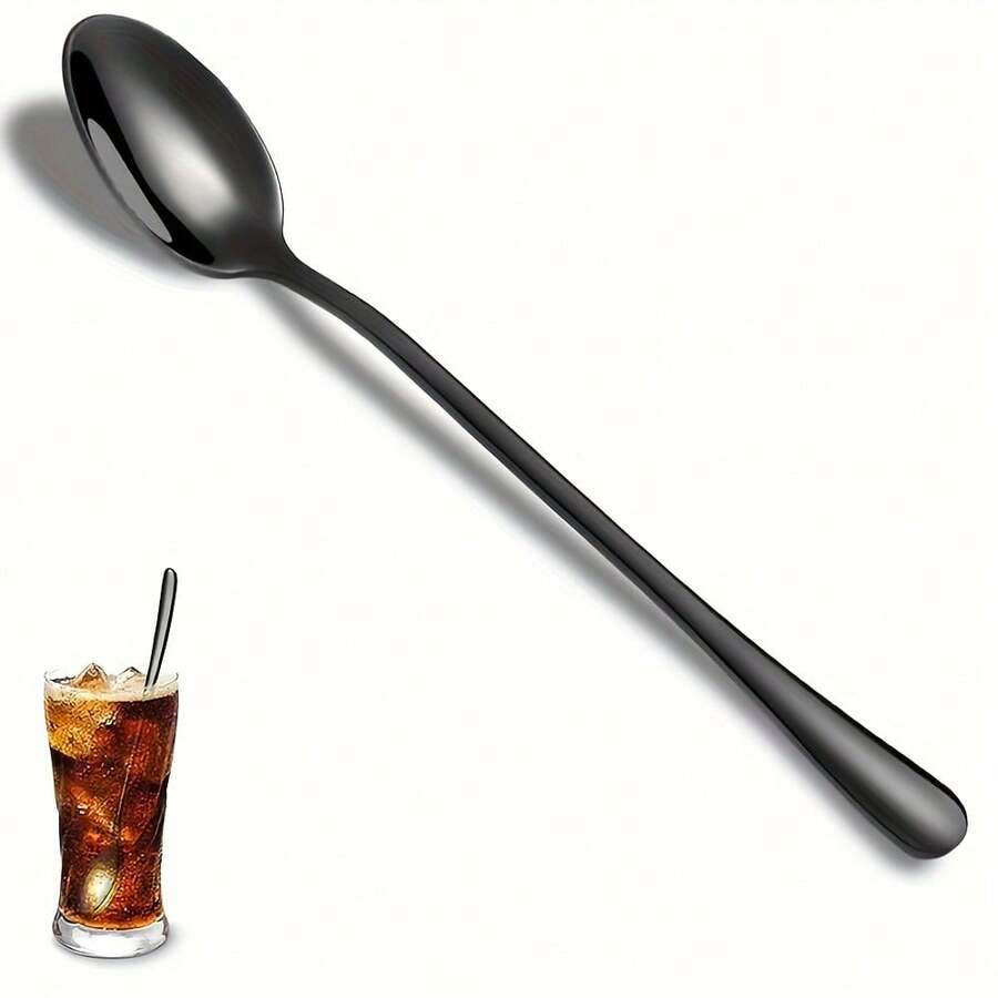 Stainless Steel Black Long Handled Coffee Spoon Set, 7.87 Inch Long Handled Iced Tea Spoon, Beverage Mixing Spoon, Ice Cream Spoon, Suitable For Households, Restaurants, Coffee Shops, Etc., Essential Tableware For Holidays, Dishwasher Washable - Black - View 1