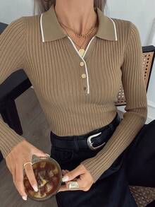 Women's Polo Collar Knit Sweater, Autumn/Winter White Contrast Ribbed Slim Fit Top, Daily Commute Date Versatile Korean Soft Style Base Layer Fall - Camel - View 3