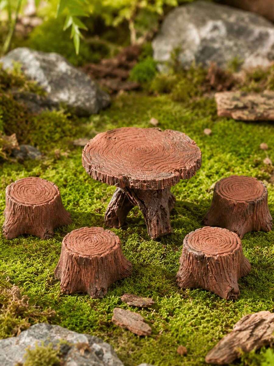 Mini Tree Stump Table And Stool Set 5pcs, Rustic Forest Style Miniature Furniture Decor, Natural Wood Grain Fairy Garden Accessories, Mini Forest Scene Display, Suitable For Desktop, Bookshelf, Home Decor And DIY Micro Landscape - Multicolor - View 1