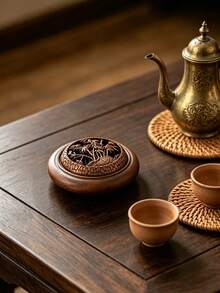 Round Wooden Incense Burner Hollow Cover Classic Floral Carved Wood Censer For Home Fragrance Meditation Yoga Bedroom Decor For Oud Bakhoor Frankincense Ramadan Gift - Multicolor - View 4