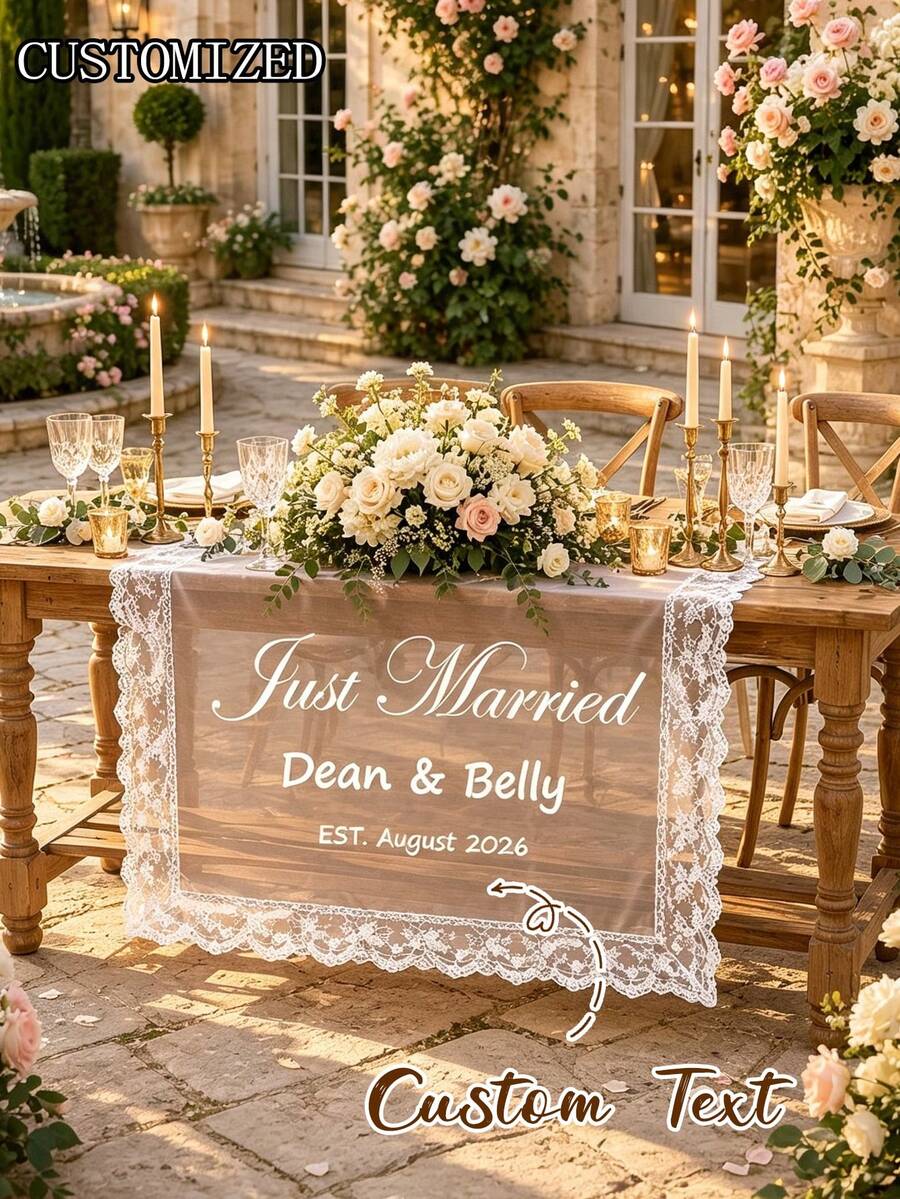 Personalized Tulle Table Runner With Lace Trim, Custom Wedding Ceremony BannerCustom Wedding Table Decor, Bridal Table Runner With Names And Date, Rustic Lace Wedding Table Runner - Multicolor - View 1