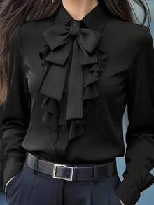 Blus Lengan Panjang Wanita Ukuran Plus Elegan dengan Desain Pita Berkerut, Warna Polos, Penutup Kancing Depan, Cocok untuk Beraktivitas dan Pakaian Kasual, Kemeja Kasual | Blus Elegan - Hitam - View 3