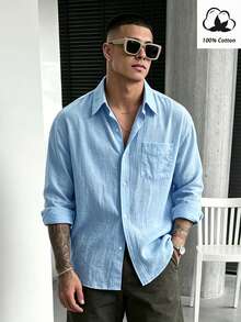 WAIT HIM Kemeja Lengan Panjang Kasual Pria Warna Polos 100% Katun - Baby Blue - View 2