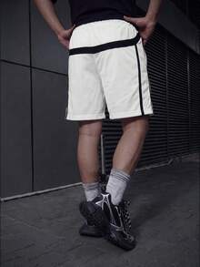 Men's Mesh Drawstring Knee-Length Shorts, Italic Letter Embroidery Side Stripe Zipper Pocket Casual Bottoms - Multicolor - View 2