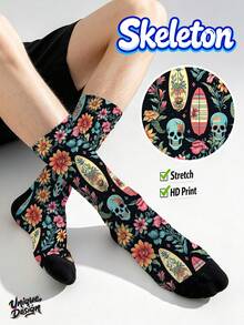 Cool 360° Printed Men's Socks, Street Style Floral Skull Vintage Gothic Colorful Fun Socks, Suitable For Daily, Holiday And Party Occasions - Black - View 2