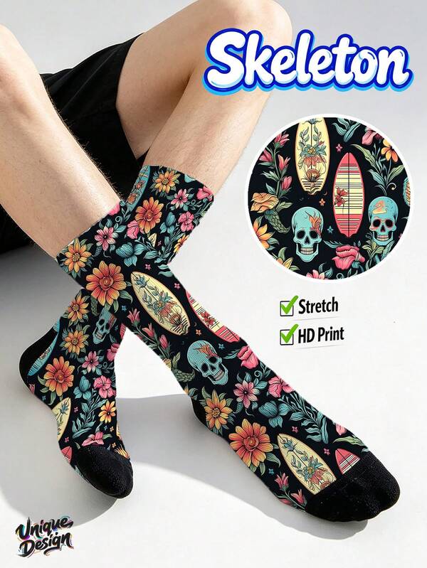 Cool 360° Printed Men's Socks - Streetwear Socks,Flower Skeleton,Retro Gothic Style,Colorful,Funny Socks, Fit Daily, Holiday & Party Occasions