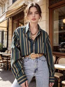 Multicolor Striped Casual Shirt, Personalized Design Loose Blouse For Daily Wear, All Seasons - Multicolor - View 8