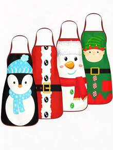 4 Pcs Christmas Cartoon Character Print Apron Set, Penguin Santa Snowman Elf Pattern Kitchen Cooking Baking Aprons For Holiday Party Home Decoration - Multicolor - View 1