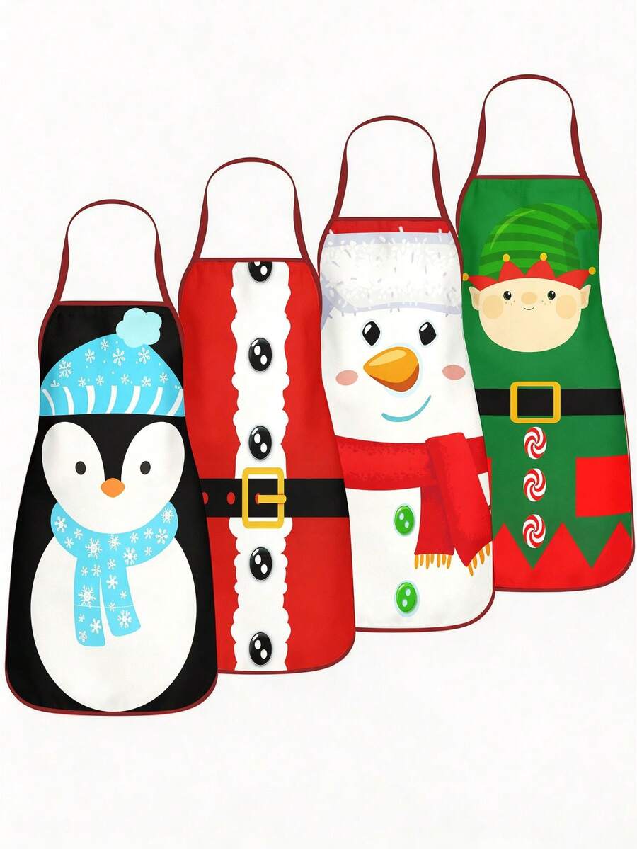 4 Pcs Christmas Cartoon Character Print Apron Set, Penguin Santa Snowman Elf Pattern Kitchen Cooking Baking Aprons For Holiday Party Home Decoration - Multicolor - View 1
