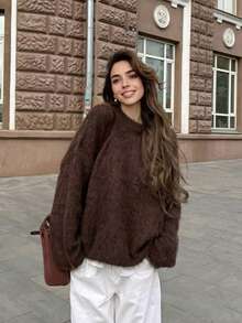 FOR BEAUTY Fall Winter Women Sweaters Y2K Elegant Brown Fluffy Knit Long Sleeve Crew Neck Oversized Sweater Casual Party Going Out Vacation Look Tops - Brown - View 3