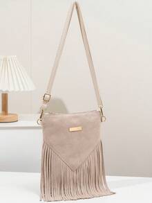 حقيبة كتف نسائية من الجلد المدبوغ بتصميم بسيط متعدد الاستخدامات بأسلوب الشارع والرجعي مع شرابات، مناسبة للتسوق اليومي والمواعدة ومهرجانات الموسيقى - بيج - مشاهدة 2