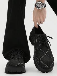Spring/Summer New Chunky Heel Casual Dress Shoes For Men, Business Low-Top Lace-Up Formal Shoes, Party Wedding Minimalist Derby Shoes, Suitable For Commuting, Dating And Work - Black - View 2
