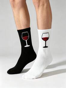2 Pairs Black & White Wine Glass Print Mid-Calf Socks, Minimalist Fun Wine Glass Pattern Long Socks, Daily Commute Outfit, Couple Personalized Creative Birthday Gift, All Season Socks - Multicolor - View 6