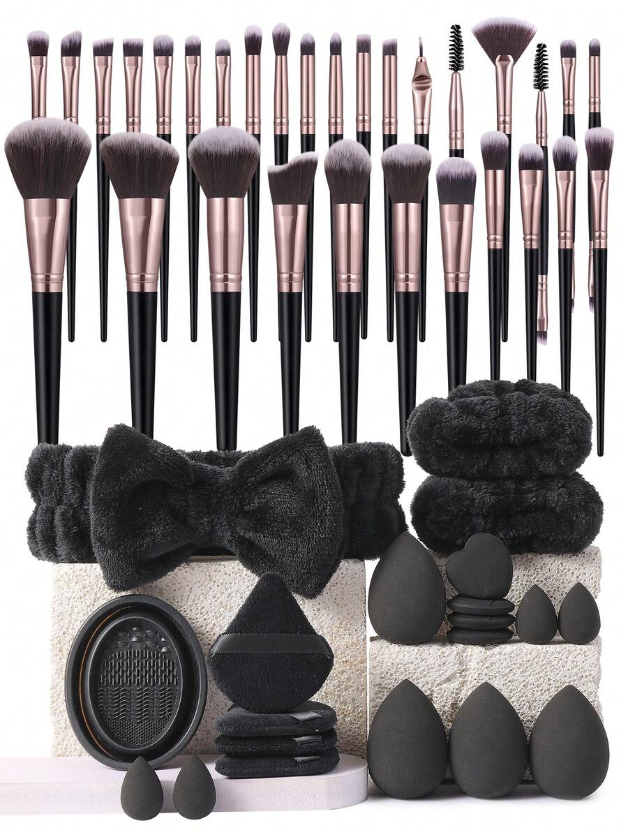 6/20/30/50 Pieces Complete Black Makeup Accessory Kit, 30 Multifunctional Makeup Brushes, Powder Puffs, Cosmetic Sponges, Bow Headband, Wristbands & Brush Cleaning Bowl, Soft Applicator Tools For Face And Eye Daily Makeup - Black - View 1