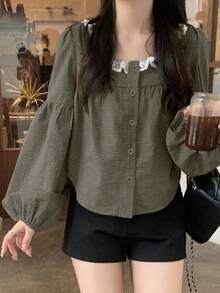 YCYC Spring/Summer Chic Vintage Plaid Square Neck Long Sleeve Blouse, Slouchy Sweet Youthful Unique Top For Women - Multicolor - View 2