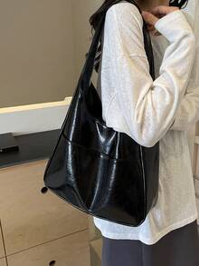 時尚高端亮面PU皮革女款單肩包，極簡大容量托特包/通勤包 - 黑色 - 查看 3