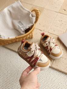 Pair Toddler Color Contrast Webbing PU Hook And Loop Toe Protection Flat Retro Sneakers For Daily Outdoor Wear - Khaki - View 9