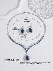 水滴造型立方鋯石項鍊 + 耳環珠寶套組，適合婚禮、聚會、派對、假期、度假，百搭飾品 - 藍色 - 查看 4